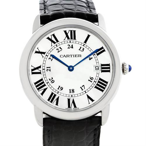 This image shows a Cartier Ronde W6700255 Men's Stainless Steel Silver Dial W6700255 Men's Stainless Steel Silver Dial watch with a front view displaying its face, hour markers, hands, date window, and strap.