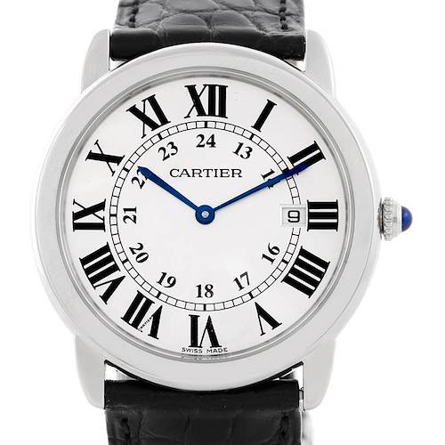 The image shows a front view of the Cartier Ronde W6700255 Men's Stainless Steel Silver Dial W6700255 Men's Stainless Steel Silver Dial model watch, featuring a white dial with Roman numerals, blue hands, and a black leather strap.