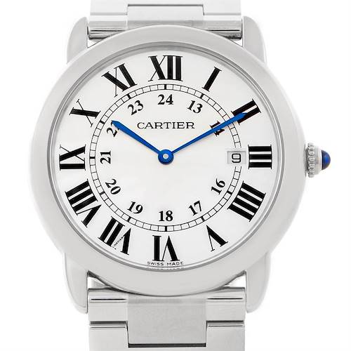 This is a front view of a Cartier Ronde W6701005 Men's Stainless Steel Silver Dial W6701005 Men's Stainless Steel Silver Dial watch displaying its dial, Roman numerals, hands, date window, and part of the metal bracelet.