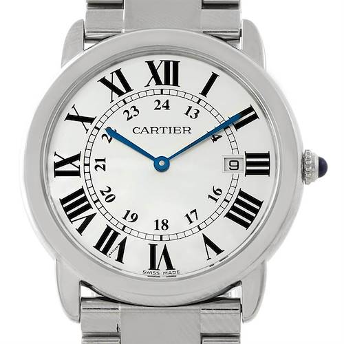 This image shows the front view of a Cartier Ronde W6701005 Men's Stainless Steel Silver Dial W6701005 Men's Stainless Steel Silver Dial watch, highlighting its dial, bezel, crown, and part of the bracelet.
