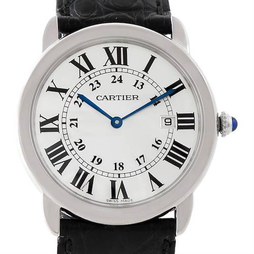This image shows a Cartier Ronde W6700255 Men's Stainless Steel Silver Dial W6700255 Men's Stainless Steel Silver Dial model watch from a front angle, highlighting the dial, crown, and black leather strap.