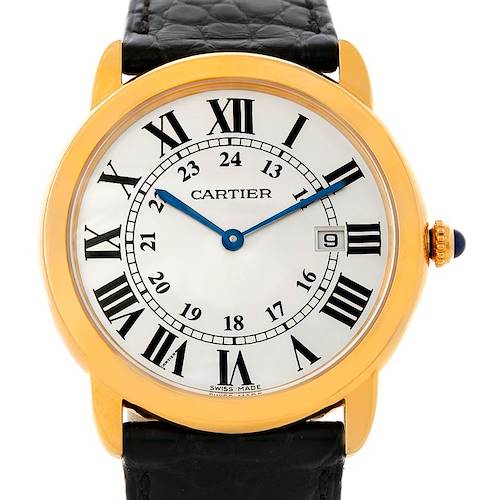 This image shows a frontal view of a Cartier Ronde W6700455 Men's Steel and Gold (two tone) Silver Dial W6700455 Men's Steel and Gold (two tone) Silver Dial watch, featuring its round gold case, Roman numerals, and black leather strap.