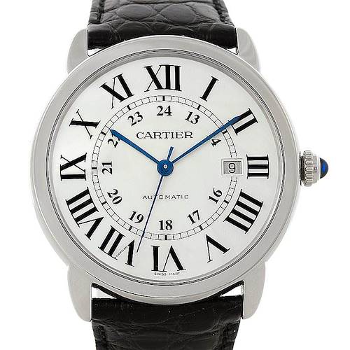 The image shows a front view of a Cartier Ronde W6701010 Men's Stainless Steel Silver Dial W6701010 Men's Stainless Steel Silver Dial watch, displaying its face, Roman numerals, date window, and leather strap.