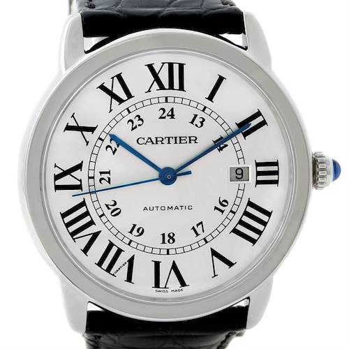 This image shows a front view of a Cartier Ronde W6701010 Men's Stainless Steel Silver Dial W6701010 Men's Stainless Steel Silver Dial watch, displaying its face, hour markers, and crown.