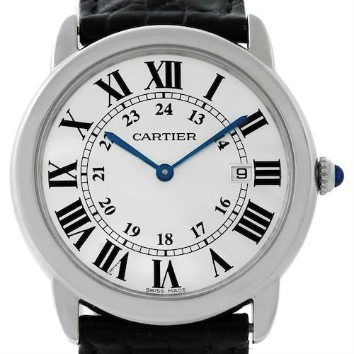 The image shows a close-up of the Cartier Ronde W6700255 Men's Stainless Steel Silver Dial W6700255 Men's Stainless Steel Silver Dial watch face, detailing its Roman numerals, blue hands, and date function.