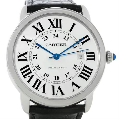 The image shows a front view of the Cartier Ronde W6701010 Men's Stainless Steel Silver Dial W6701010 Men's Stainless Steel Silver Dial watch, highlighting its dial, Roman numeral markers, and date window.