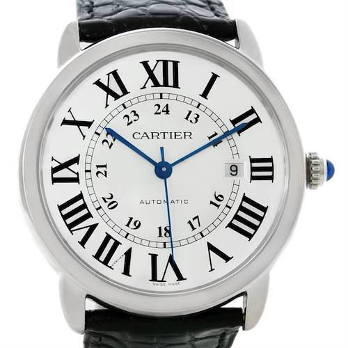 This image shows a frontal view of the Cartier Ronde W6701010 Men's Stainless Steel Silver Dial W6701010 Men's Stainless Steel Silver Dial model watch, displaying its dial, Roman numeral markers, and date window.