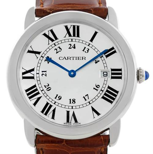 This image shows a front view of the Cartier Ronde W6700255 Stainless Steel Silver Dial W6700255 Stainless Steel Silver Dial watch, highlighting its dial, blue hands, Roman numeral markers, and date window.