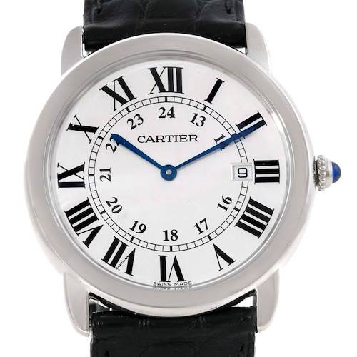 This image shows a front view of the Cartier Ronde W6700255 Stainless Steel Silver Dial W6700255 Stainless Steel Silver Dial watch, displaying its white dial, Roman numerals, blue hands, and black leather strap.