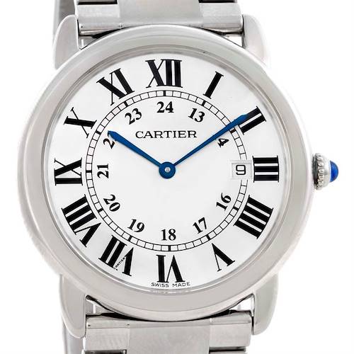 The image shows a Cartier Ronde W6701005 Men's Stainless Steel Silver Dial W6701005 Men's Stainless Steel Silver Dial model watch from a front angle, highlighting its dial, Roman numerals, and bracelet.