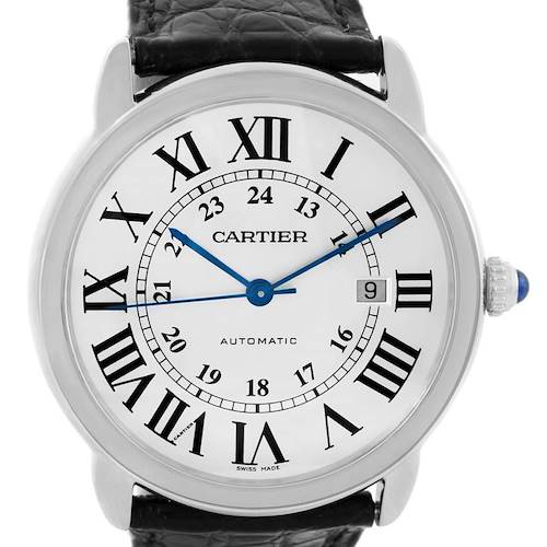 The image shows a Cartier Ronde W6701010 Men's Stainless Steel Silver Dial W6701010 Men's Stainless Steel Silver Dial watch, front view, displaying its face, Roman numeral markers, blue hands, and date.