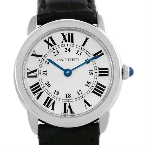 The image shows a front view of the Cartier Ronde W6700155 Women's Stainless Steel Silver Dial W6700155 Women's Stainless Steel Silver Dial model watch, displaying its dial, Roman numerals, blue hands, and black leather strap.