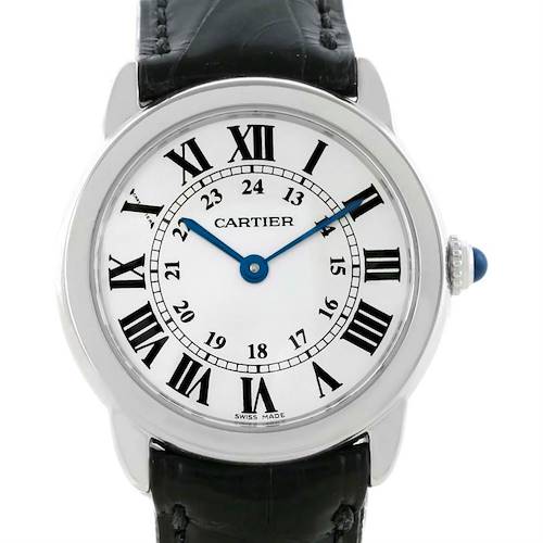 The image shows a frontal view of the Cartier Ronde W6700155 Women's Stainless Steel Silver Dial W6700155 Women's Stainless Steel Silver Dial model watch, detailing its dial and strap.