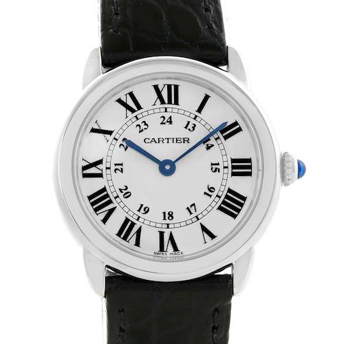 The image shows a front view of the Cartier Ronde W6700155 Women's Stainless Steel Silver Dial W6700155 Women's Stainless Steel Silver Dial watch, displaying its face, hands, crown, and part of the leather strap.