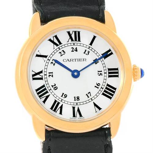 The image shows a frontal view of the Cartier Ronde W6700355 Women's Steel and Gold (two tone) Silver Dial W6700355 Women's Steel and Gold (two tone) Silver Dial model watch, focusing on the dial, casing, and part of the black leather strap.
