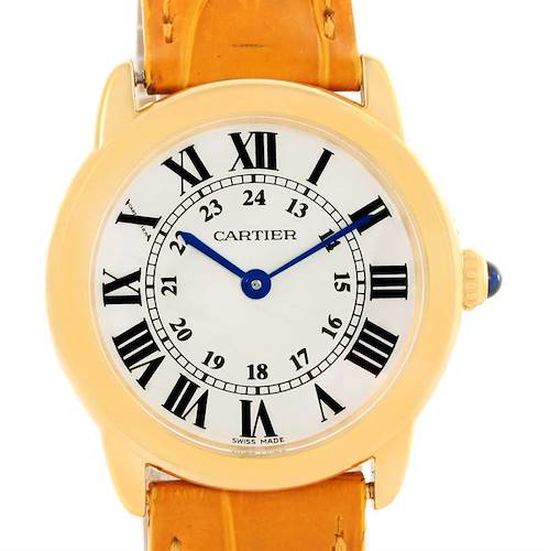 This image shows a front view of the Cartier Ronde W6700355 Women's Steel and Gold (two tone) Silver Dial W6700355 Women's Steel and Gold (two tone) Silver Dial watch, highlighting its dial, hands, case, and part of the strap.