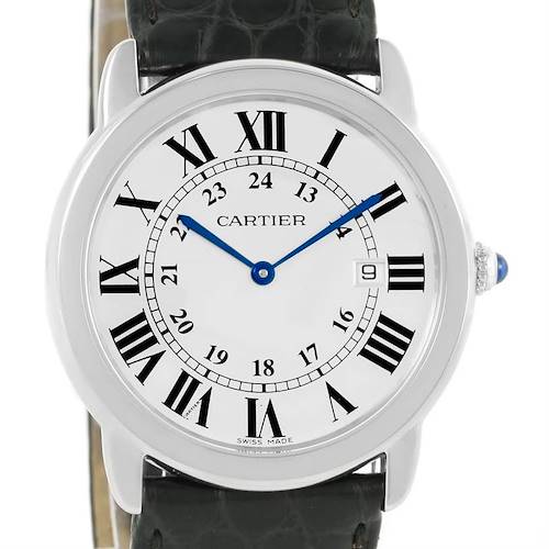 This image shows the face, bezel, case, and part of the strap of a Cartier Ronde W6700255 Stainless Steel Silver Dial W6700255 Stainless Steel Silver Dial model watch.