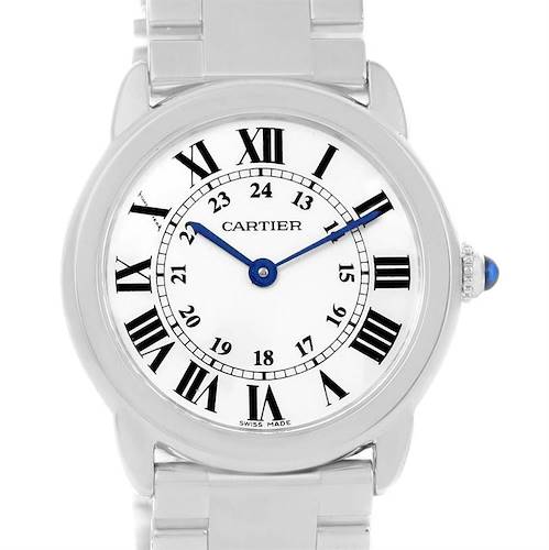 This is a front view of the Cartier Ronde W6701004 Women's Stainless Steel Silver Dial W6701004 Women's Stainless Steel Silver Dial watch, showing its Roman numeral dial, blue hands, and metallic bracelet.