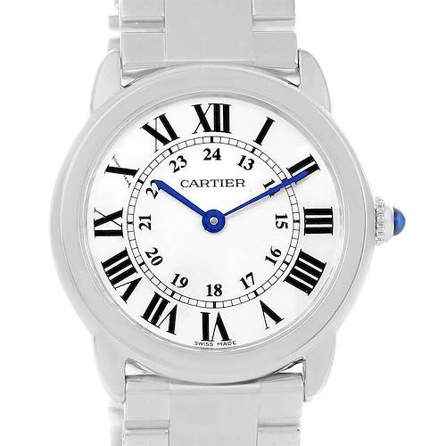 The image shows a front view of the Cartier Ronde W6701004 Women's Stainless Steel Silver Dial W6701004 Women's Stainless Steel Silver Dial watch, highlighting its face, Roman numerals, blue hands, and part of the metal strap.