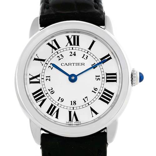 The image shows a front view of the Cartier Ronde W6700155 Women's Stainless Steel Silver Dial W6700155 Women's Stainless Steel Silver Dial model, displaying the dial, hands, Roman numerals, and black leather strap.