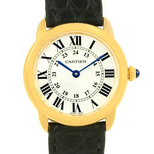 The image shows a Cartier Ronde W6700355 Women's Steel and Gold (two tone) Silver Dial W6700355 Women's Steel and Gold (two tone) Silver Dial watch from the front, displaying its dial, Roman numeral indices, and black leather strap.