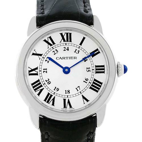 This image shows a front view of the Cartier Ronde W6700155 Women's Stainless Steel Silver Dial W6700155 Women's Stainless Steel Silver Dial watch, displaying its black leather strap, white dial, and Roman numeral markers.