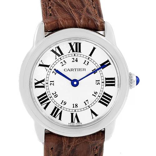 The image shows a front view of a Cartier Ronde W6700155 Women's Stainless Steel Silver Dial W6700155 Women's Stainless Steel Silver Dial watch featuring a brown leather strap and a white dial with Roman numerals.