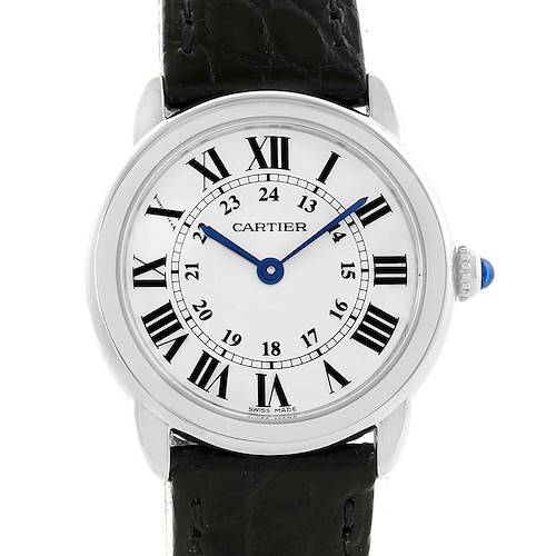 The image shows a front view of the dial and upper part of the strap of the Cartier Ronde W6700155 Women's Stainless Steel Silver Dial W6700155 Women's Stainless Steel Silver Dial watch.