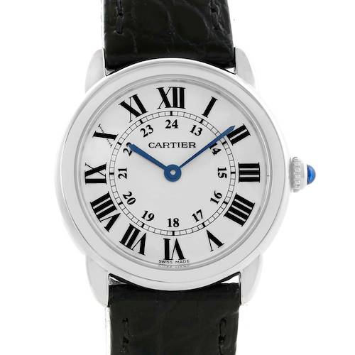 The image shows a front view of a Cartier Ronde W6700155 Women's Stainless Steel Silver Dial W6700155 Women's Stainless Steel Silver Dial watch, highlighting the dial, Roman numerals, and blue sword-shaped hands with a black leather strap.