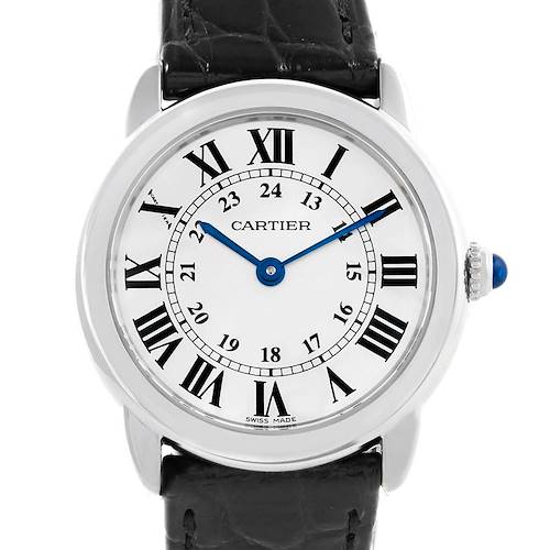 This image shows a front view of the Cartier Ronde W6700155 Women's Stainless Steel Silver Dial W6700155 Women's Stainless Steel Silver Dial model watch, highlighting its Roman numeral dial and blue hands.