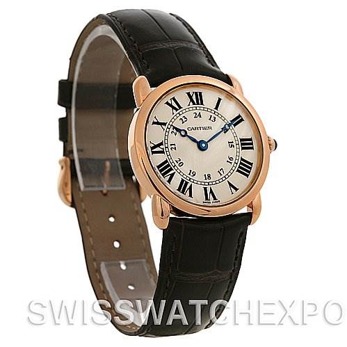 The image shows a Cartier Ronde W6800151 Women's Rose Gold Silver Dial W6800151 Women's Rose Gold Silver Dial watch from a front-left angle, displaying the dial, bezel, lugs, and leather strap.