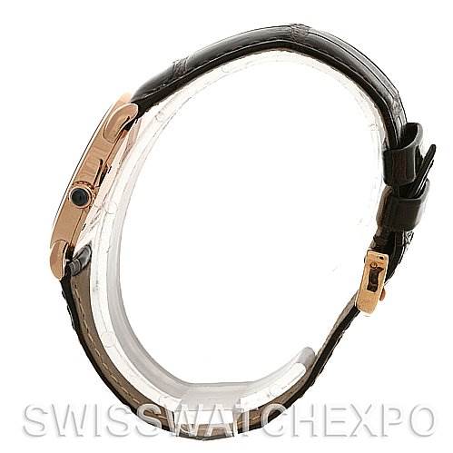 The image shows a side profile of a Cartier Ronde W6800151 Women's Rose Gold Silver Dial W6800151 Women's Rose Gold Silver Dial watch, highlighting its black leather strap and gold buckle.