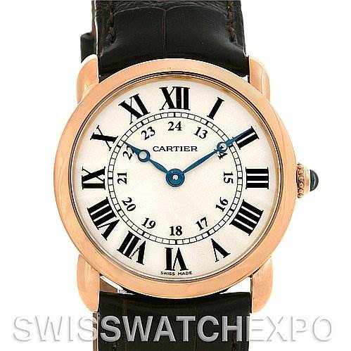 The image shows the face of a Cartier Ronde W6800151 Women's Rose Gold Silver Dial W6800151 Women's Rose Gold Silver Dial model watch, focusing on the dial, hands, and part of the leather strap.