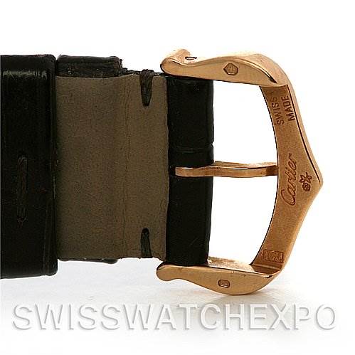 The image shows a close-up of the gold buckle and part of the strap of a Cartier Ronde W6800151 Women's Rose Gold Silver Dial W6800151 Women's Rose Gold Silver Dial watch.