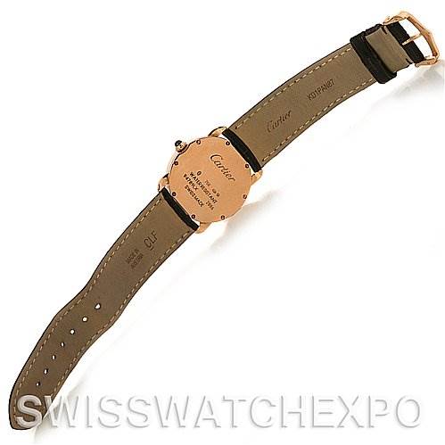 The image shows the back view of a Cartier Ronde W6800151 Women's Rose Gold Silver Dial W6800151 Women's Rose Gold Silver Dial model watch, highlighting the leather strap and caseback details.