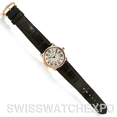 The image shows a Cartier Ronde W6800151 Women's Rose Gold Silver Dial W6800151 Women's Rose Gold Silver Dial watch at a slight diagonal, displaying its round face and full black leather strap.