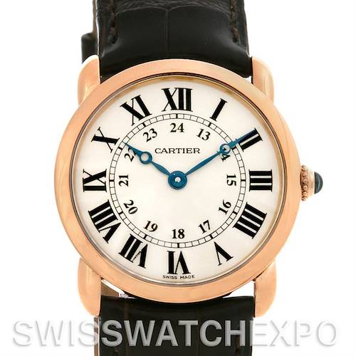 The image shows a front view of the Cartier Ronde W6800151 Women's Rose Gold Silver Dial W6800151 Women's Rose Gold Silver Dial watch, highlighting its face, hands, and part of the black leather strap.