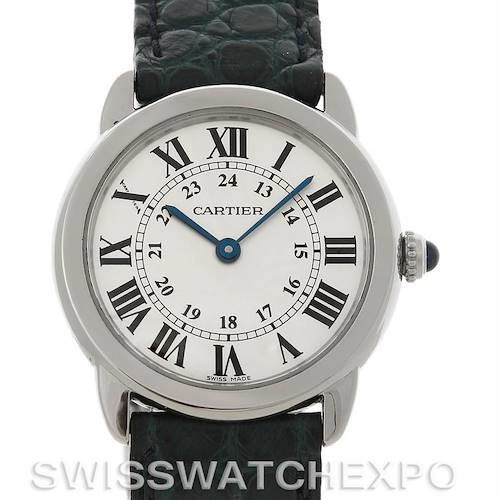 The image shows a front view of the Cartier Ronde W6700155 Women's Stainless Steel Silver Dial W6700155 Women's Stainless Steel Silver Dial watch, displaying its dial, hands, and part of the black leather strap.