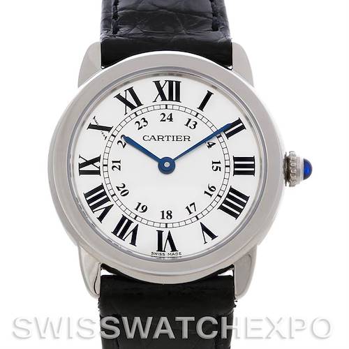 The image shows a front view of a Cartier Ronde W6700155 Women's Stainless Steel Silver Dial W6700155 Women's Stainless Steel Silver Dial watch, featuring its round face, Roman numerals, and black leather strap.