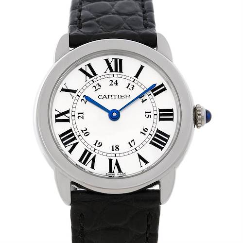 This image shows a front view of a Cartier Ronde W6700155 Women's Stainless Steel Silver Dial W6700155 Women's Stainless Steel Silver Dial watch, highlighting its Roman numeral dial, blue hands, and black leather strap.