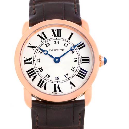 This is a close-up front view of the Cartier Ronde W6800151 Women's Rose Gold Silver Dial W6800151 Women's Rose Gold Silver Dial watch showing the face, hands, and part of the leather strap.