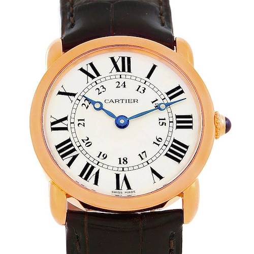The image shows a front view of a Cartier Ronde W6800151 Men's Rose Gold Silver Dial W6800151 Men's Rose Gold Silver Dial watch, highlighting the dial, numerals, hands, bezel, and part of the leather strap.