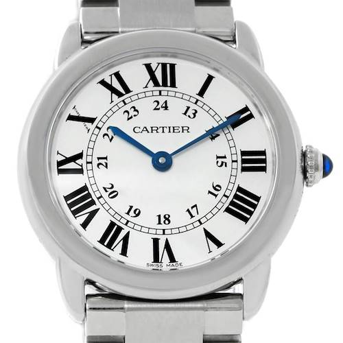 This image shows a frontal view of the Ronde model watch by Cartier, featuring the dial, hands, and part of the bracelet.