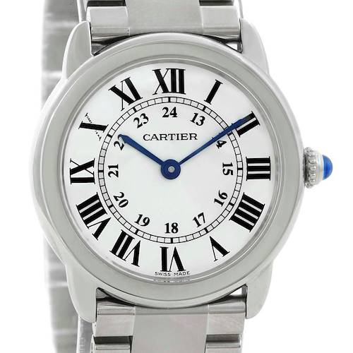The image shows a front view of the Cartier Ronde W6701004 Women's Stainless Steel Silver Dial W6701004 Women's Stainless Steel Silver Dial watch, highlighting the dial, Roman numerals, and blue hands.