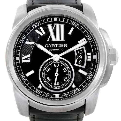Front view of the Calibre de Cartier watch by Cartier, showing the face, hands, and date display.