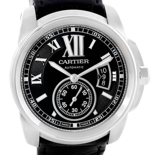 This image shows a front view of a Calibre de Cartier watch by Cartier, highlighting the dial, hands, and case.
