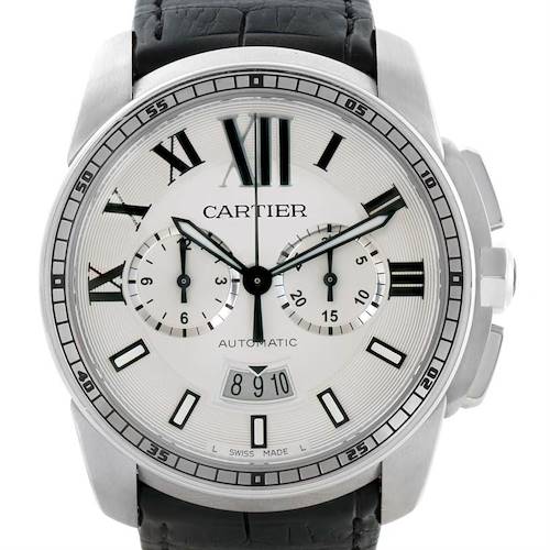 The image shows a front view of a Calibre de Cartier watch by Cartier, highlighting the dial, subdials, hands, and crown.