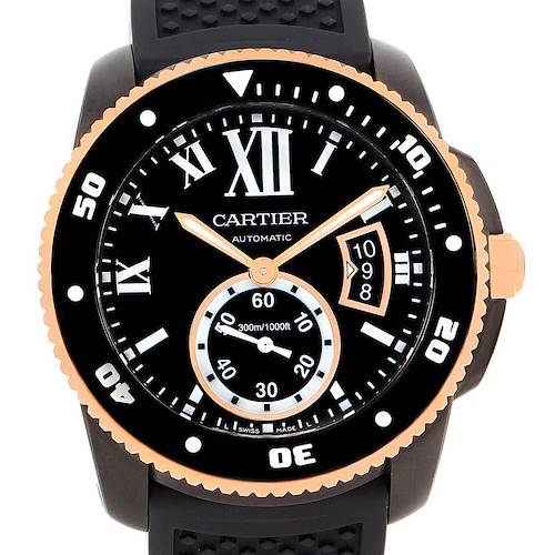 This image shows a front view of the Calibre de Cartier model by Cartier, displaying the watch face and strap.