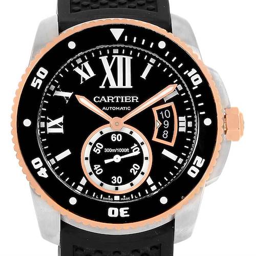 The image shows a front view of a Calibre de Cartier watch by Cartier, highlighting the dial, bezel, hands, and strap.