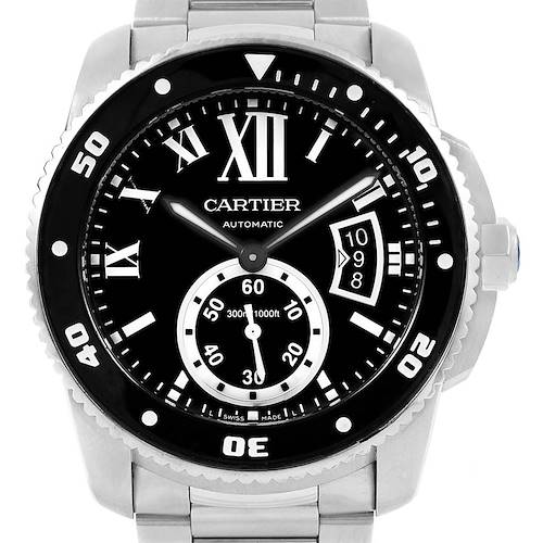 The image shows a front view of the Calibre de Cartier watch by Cartier, highlighting its dial, bezel, and bracelet.